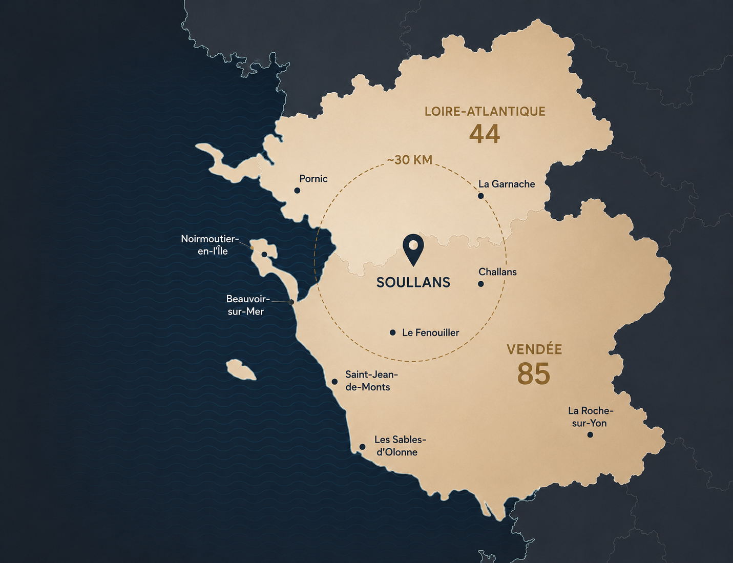 Carte de la zone d'intervention d'Eveillard Carrelages : Soullans au centre, rayon d'environ 30 km sur le nord-ouest de la Vendée et le sud de la Loire-Atlantique