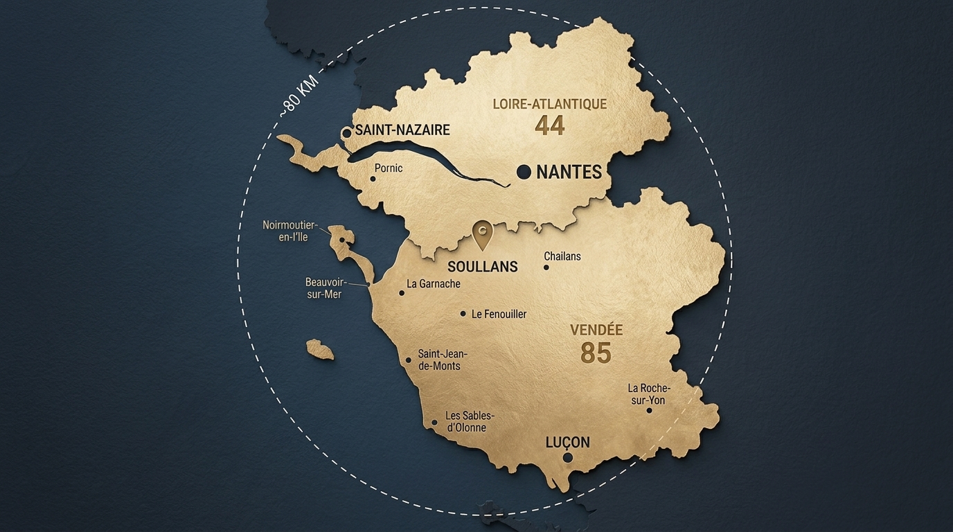 Carte de la zone d'intervention du carreleur Eveillard : un rayon d'environ 80 km autour de Soullans, couvrant la Vendée et le sud de la Loire-Atlantique, de Noirmoutier à Nantes